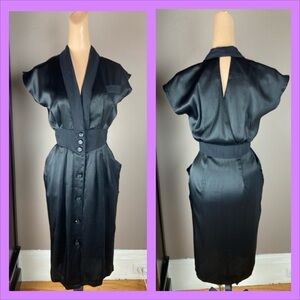 Vintage 1980s Black Satin Evening Dress - Small
